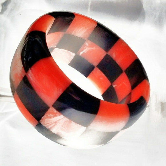 Artisan Checkerboard Lucite Chunky Bangle Bracelet - Picture 4 of 8